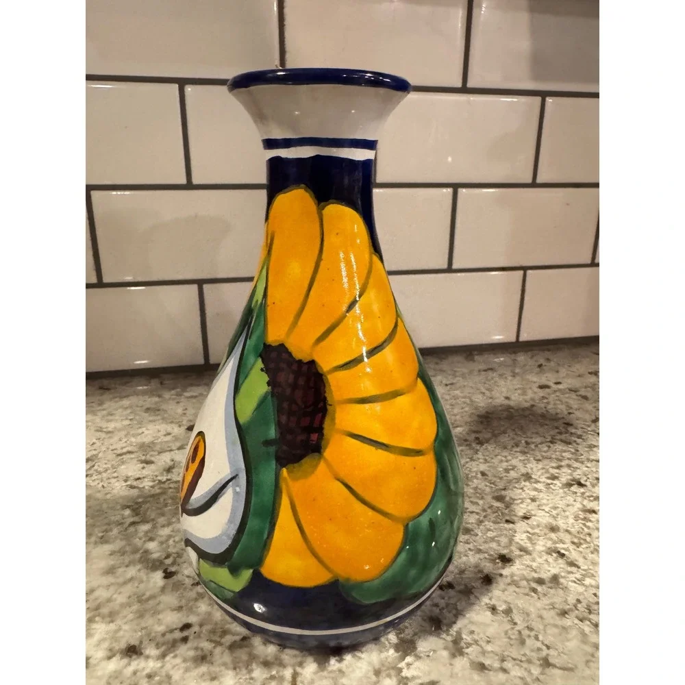 Mexican Talavera Hand Painted Sunflower Calla Lily Pottery Vase 9.5 Inch